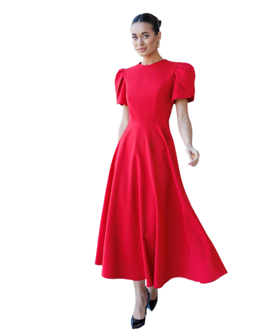 Elegant Red Midi Dress with Puff Sleeves for Women
