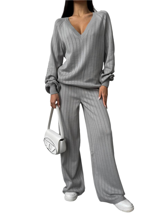 Spring Womens Knit Suit with Dropped Sleeve and Wide Leg Trousers