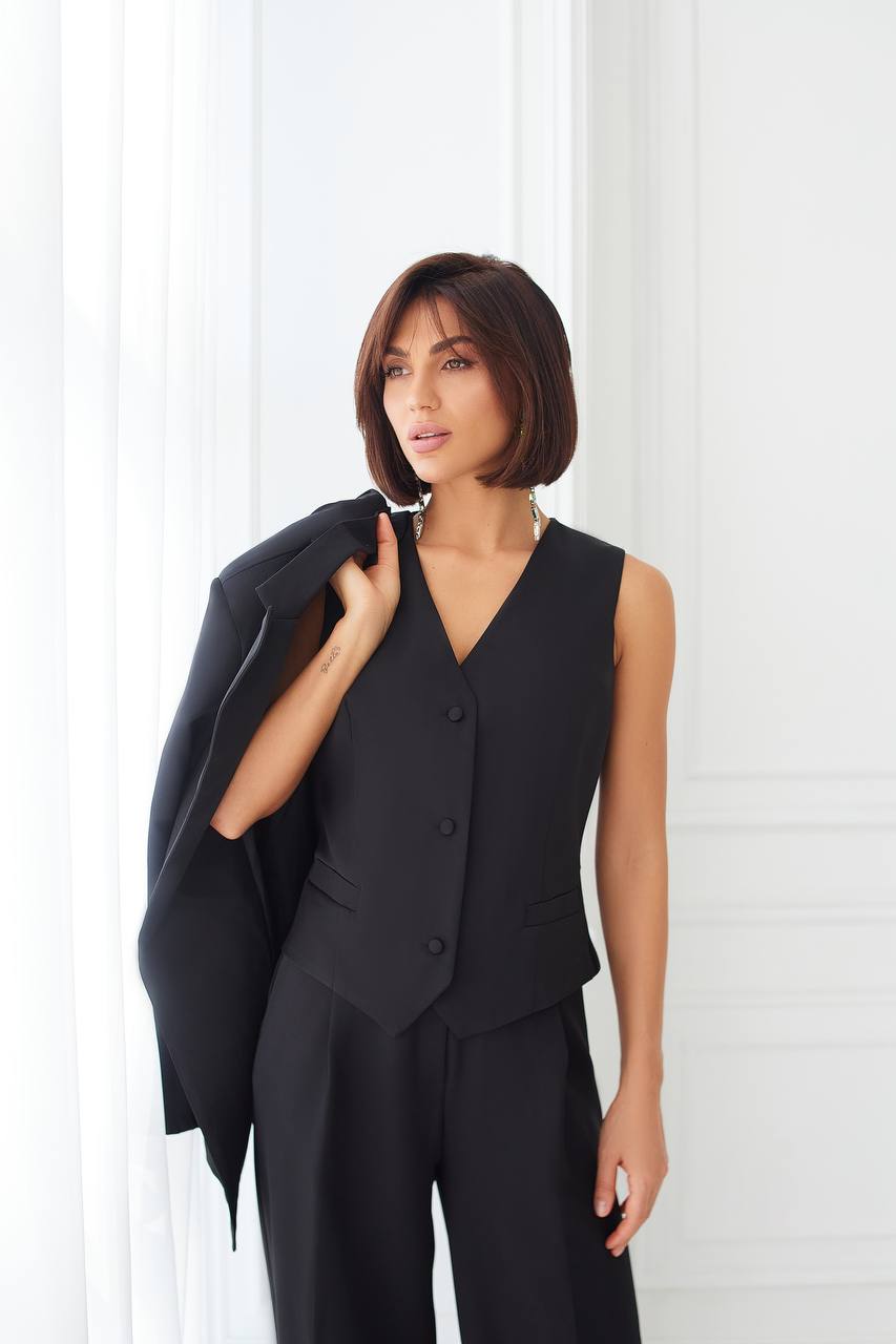 Black Women's Three Piece Suit Diagonal Crepe Lined Vest Jacket Trousers