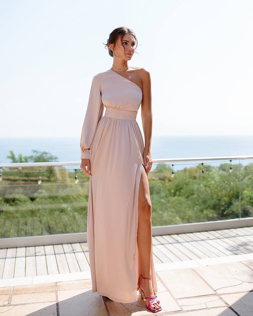 Elegant One-Shoulder Long Evening Dress in Premium Silk