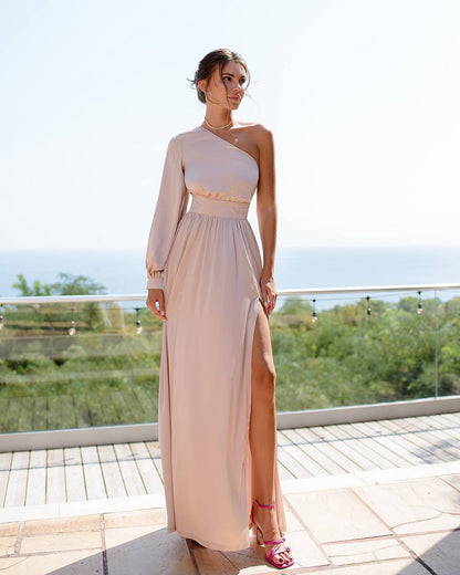 Elegant One-Shoulder Long Evening Dress in Premium Silk
