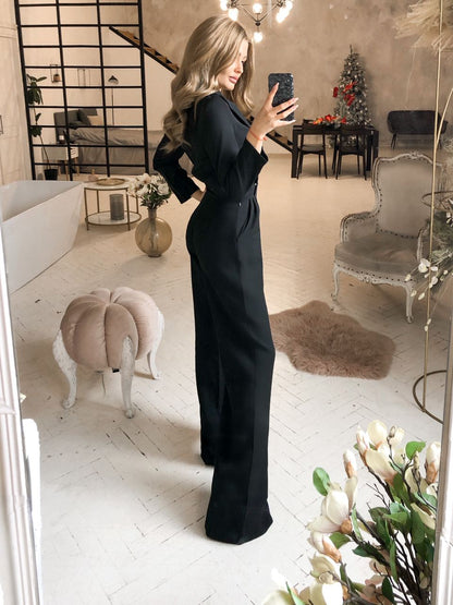 Elegant Black Jumpsuit for Women in Suit Diagonal Crepe Fabric