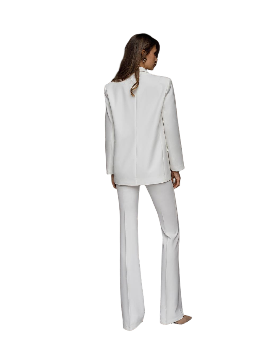 Woman wearing a white suit on a white background