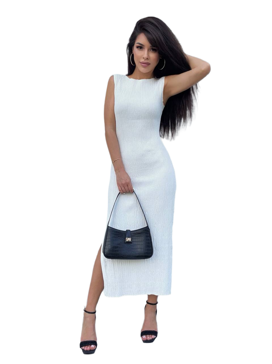 White Sleeveless Knitted Maxi Dress with Side Slit for Women