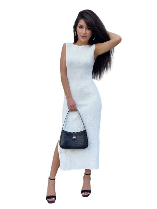 White Sleeveless Knitted Maxi Dress with Side Slit for Women