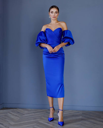 Royal Blue Midi Corset Dress with Puffed Sleeves