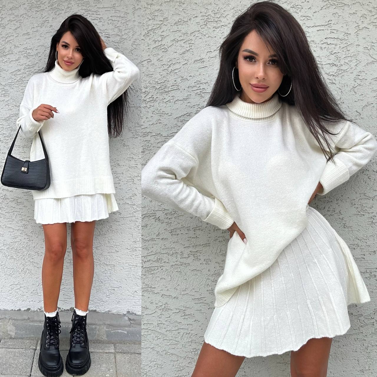 Woman wearing a white sweater and skirt set against a gray wall.