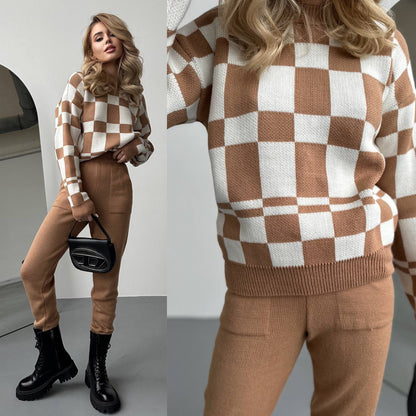 Woman wearing a checkered sweater and brown pants with a close-up of the sweater.