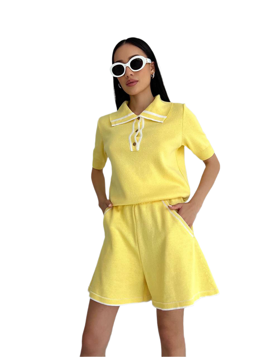 Loren Yellow Shorts Suit Women 100% Cotton Summer Outfit