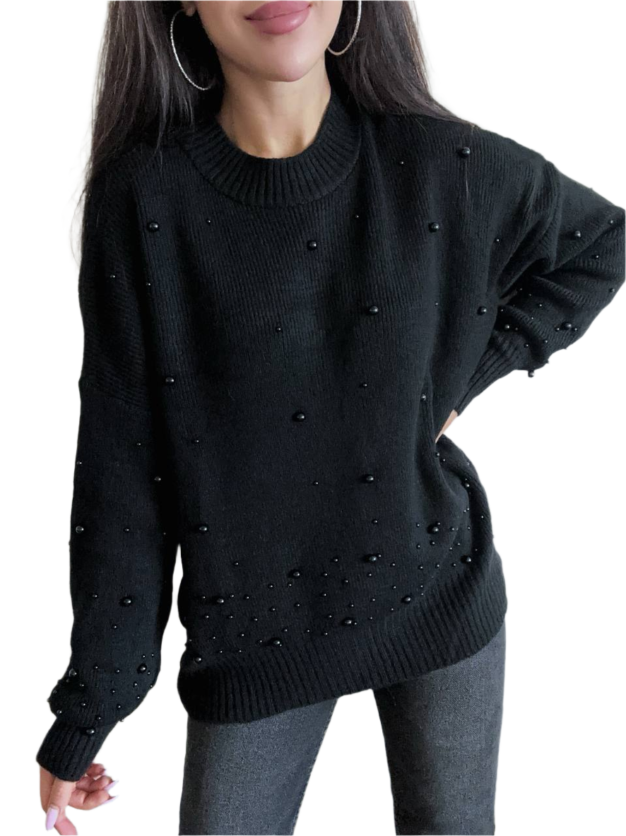 Warm Black Pearl Embellished Sweater for Women