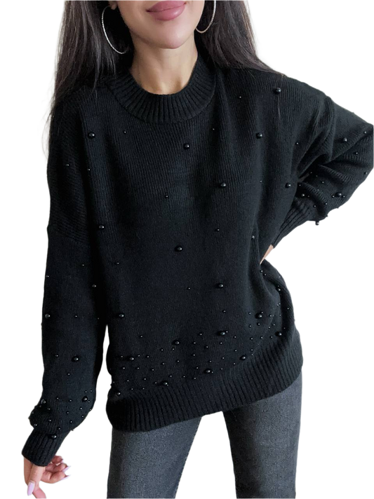 Warm Black Pearl Embellished Sweater for Women