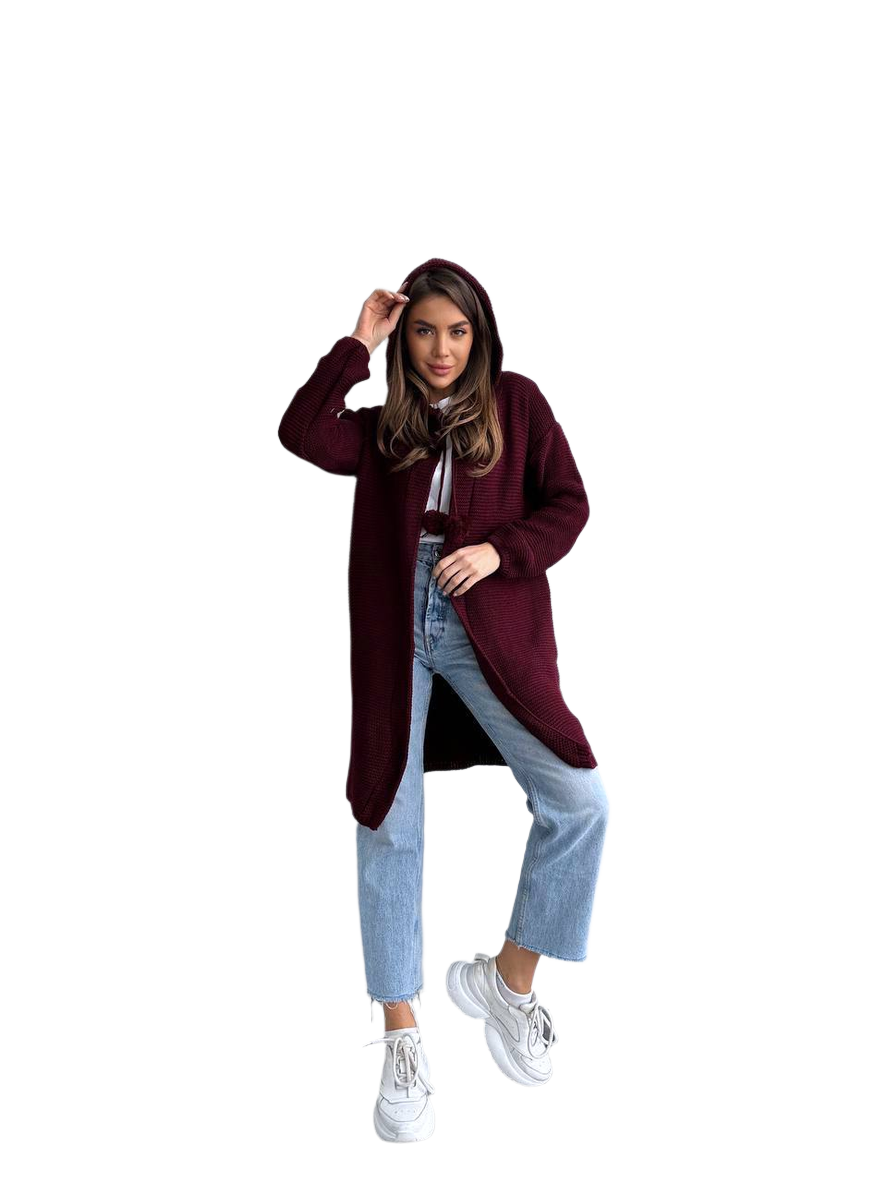 Womens Hooded Knit Cardigan Long Sleeve Pom Pom Detail Burgundy
