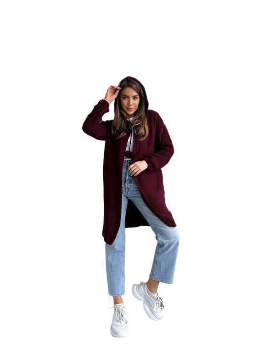 Womens Hooded Knit Cardigan Long Sleeve Pom Pom Detail Burgundy