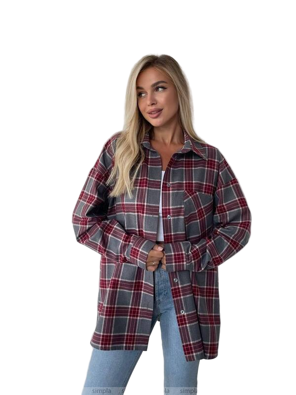 Oversized Flannel Shirt with Red and Grey Plaid Pattern