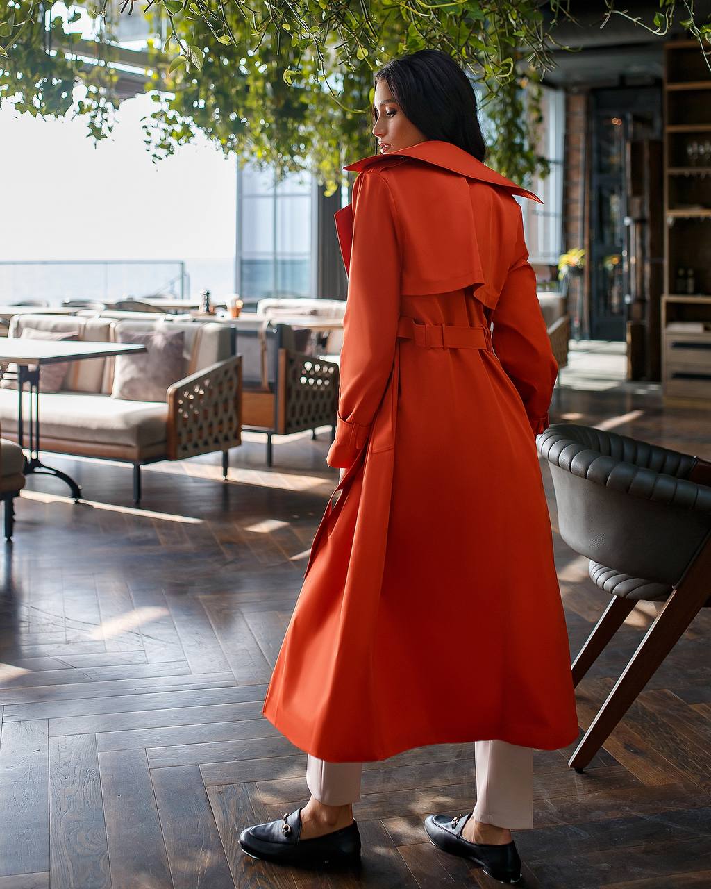 Stylish Red Trench Coat with Pockets and Belt for Women's Fashion