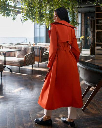Stylish Red Trench Coat with Pockets and Belt for Women's Fashion