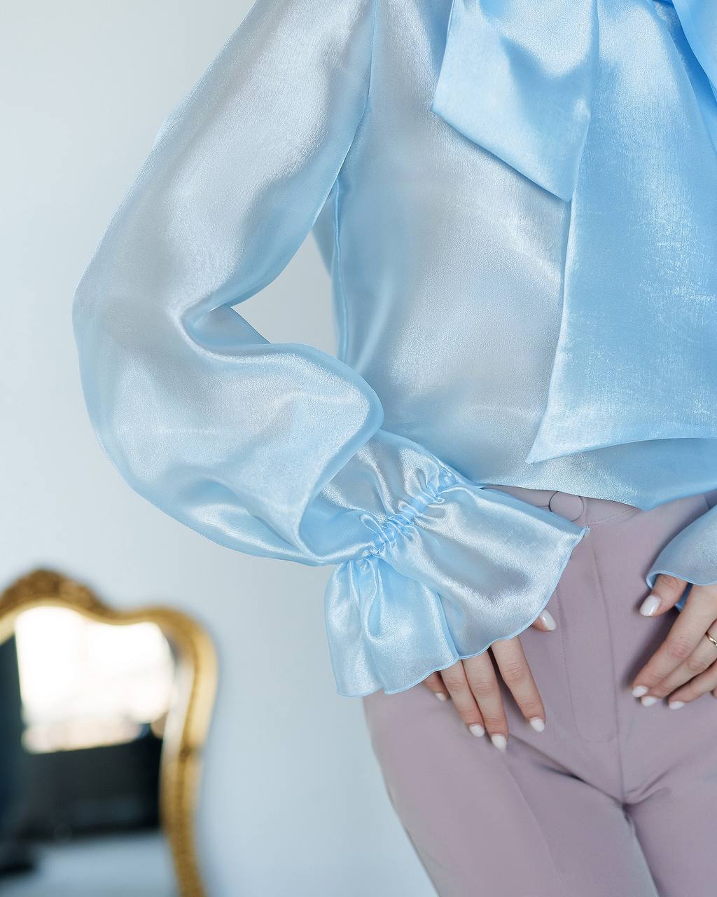 Light blue blouse with sheer sleeves worn by a person, blurred background
