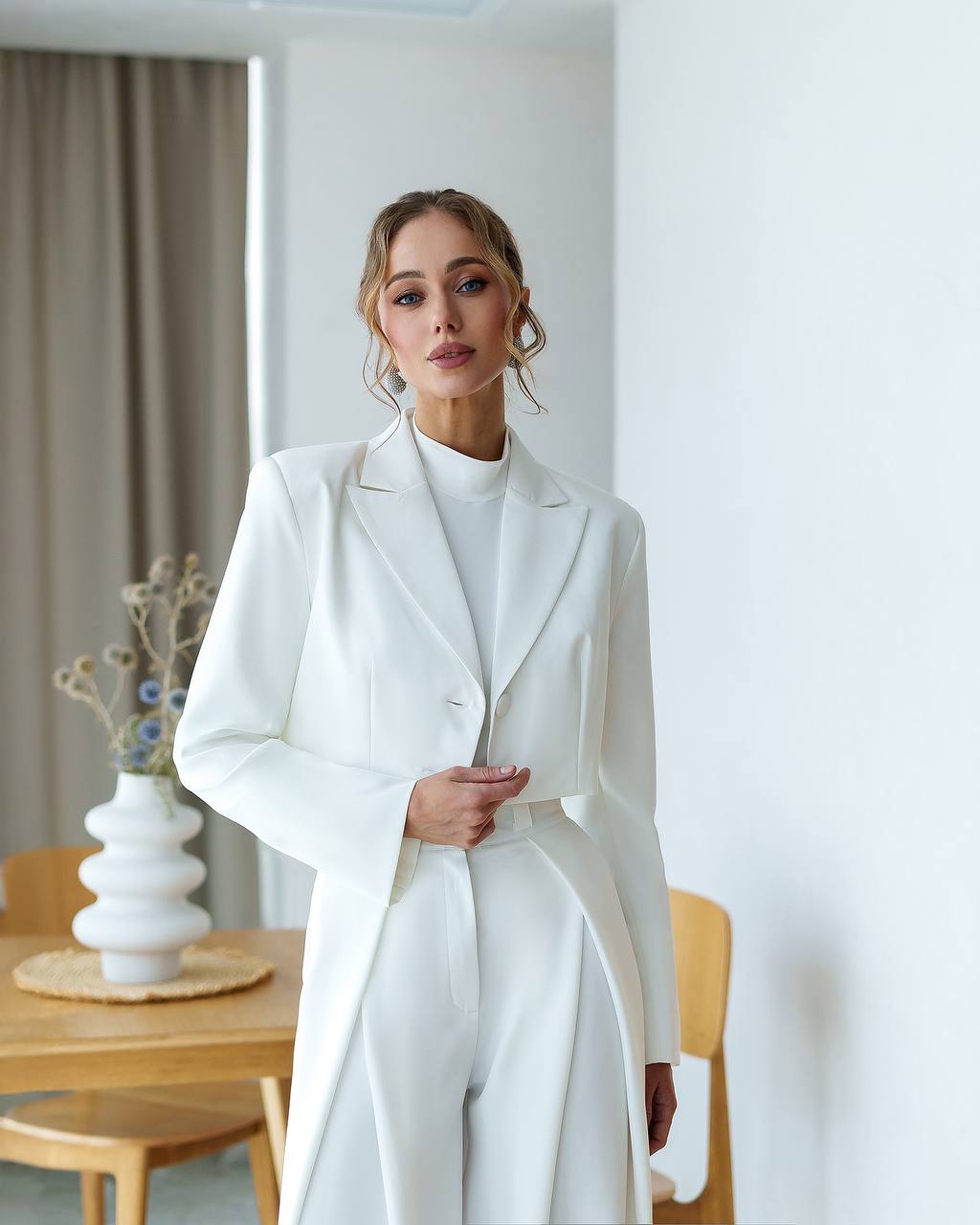 Womens Cropped Suit Jacket Premium Crepe Diagonal