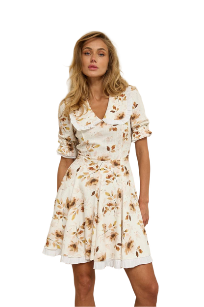 Floral Linen Dress with Peter Pan Collar and Ruffled Hem