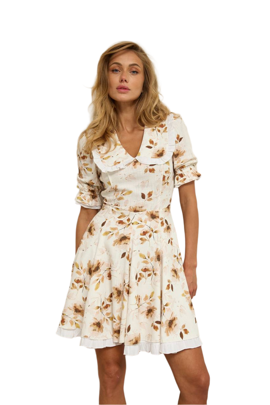 Floral Linen Dress with Peter Pan Collar and Ruffled Hem