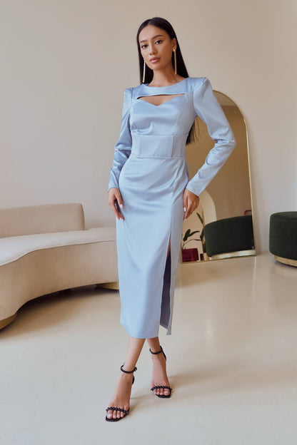 Elegant Women Midi Dress Dense Mango Satin High Slit