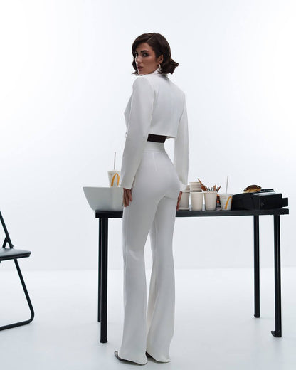Premium Diagonal Crepe Women's Suit Blazer with Lining and Trousers in White