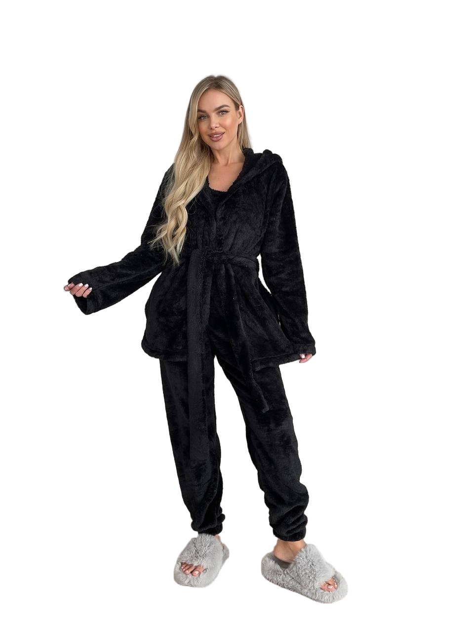 Black Womens Plush Three Piece Pajama Set Reversible Terry Robe Top Pants