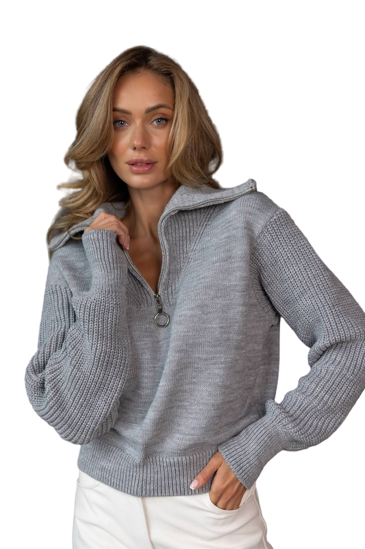 Womens Wool Blend Zipper Collar Sweater Light Gray Half Zip Knit Pullover