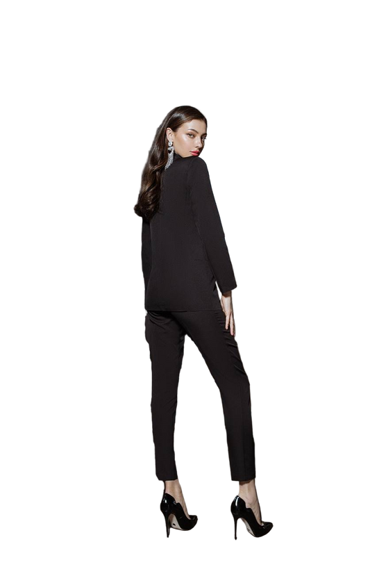 Woman wearing a black suit on a white background