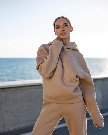 Womens Beige Lux Triple-Knit Fleece Suit with Double-Layered Hood