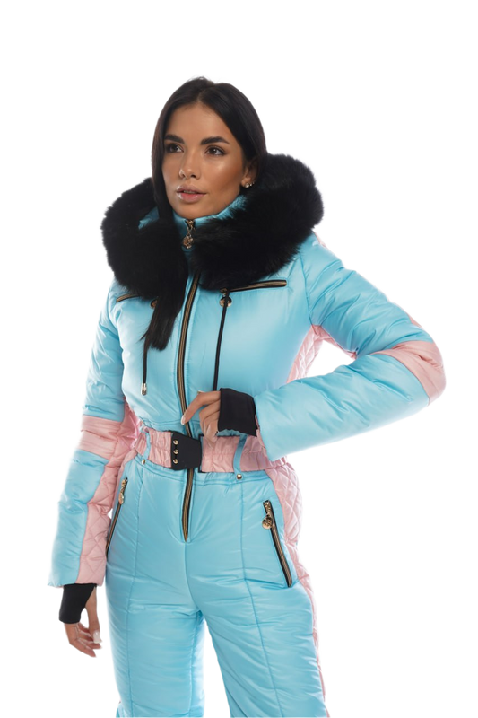 Women's Modern Winter Ski Jumpsuit with Natural Fox Fur Hood and Moisture-Repellent Fabric