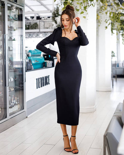Elegant Black Diagonal Suit Crepe Midi Dress for Women