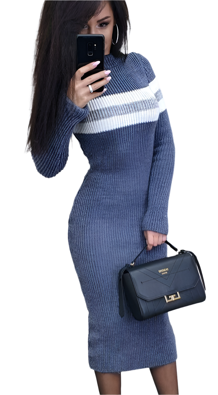 Warm Knitted Midi Dress for Women with Striped Design