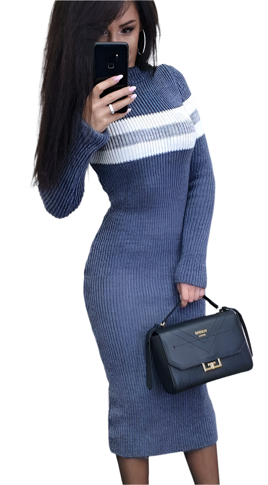 Warm Knitted Midi Dress for Women with Striped Design