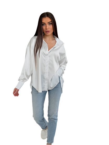 Elegant White Silk Shirt for Women with Hidden Buttons
