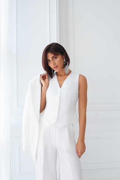 White Three Piece Womens Suit Premium Diagonal Crepe Lined Vest Jacket Trousers