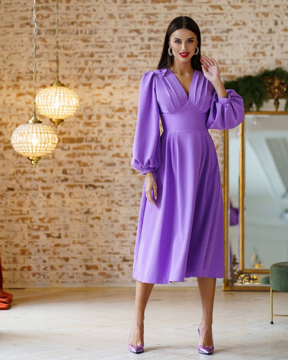 Elegant Purple Midi Dress with Pleated Bodice and Balloon Sleeves