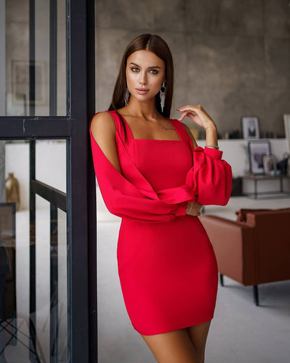 Elegant Red Mini Dress with Balloon Sleeves for Women