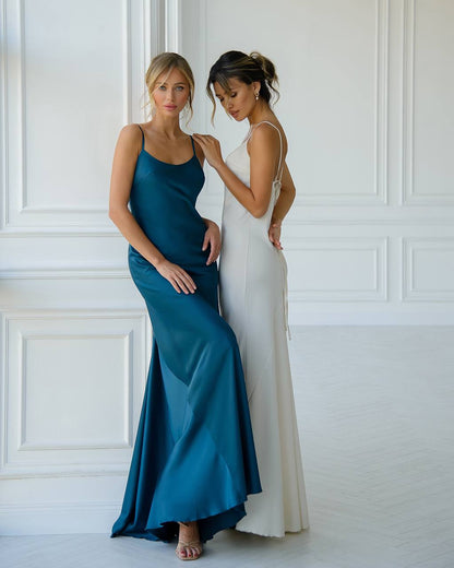 Long Satin Dress Slip for Women in Blue Premium Pandora Fabric