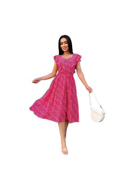 Summer Midi Dress with Floral Print and Fabric Belt