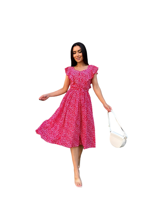 Summer Midi Dress with Floral Print and Fabric Belt