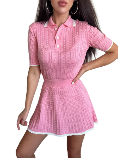 Pink Women Cable Knit Adelin Suit with Polo Top and Pleated Skirt