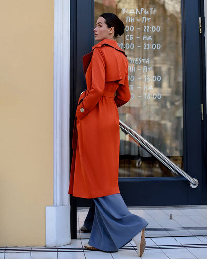 Stylish Red Trench Coat with Pockets and Belt for Women's Fashion
