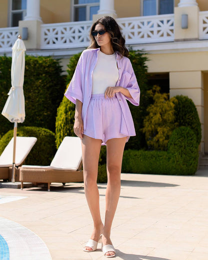 Women Muslin Shirt and Shorts Suit Set in Milk Blue Lavender