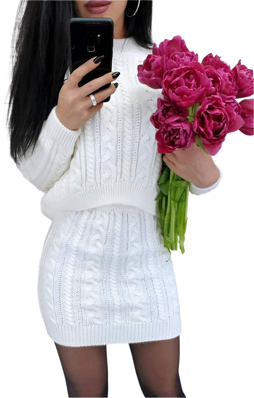 White Knitted Women's Sweater and Skirt Set