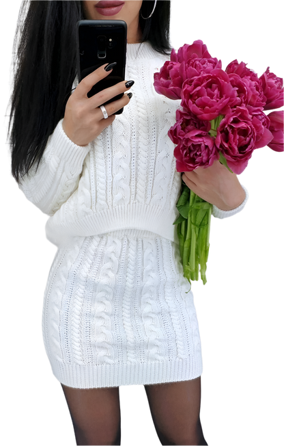 White Knitted Women's Sweater and Skirt Set