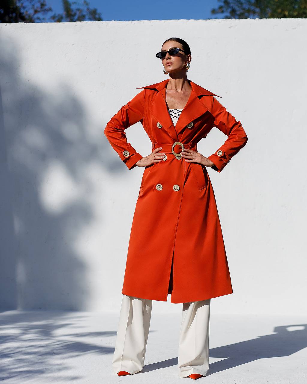 Stylish Red Trench Coat with Pockets and Belt for Women's Fashion