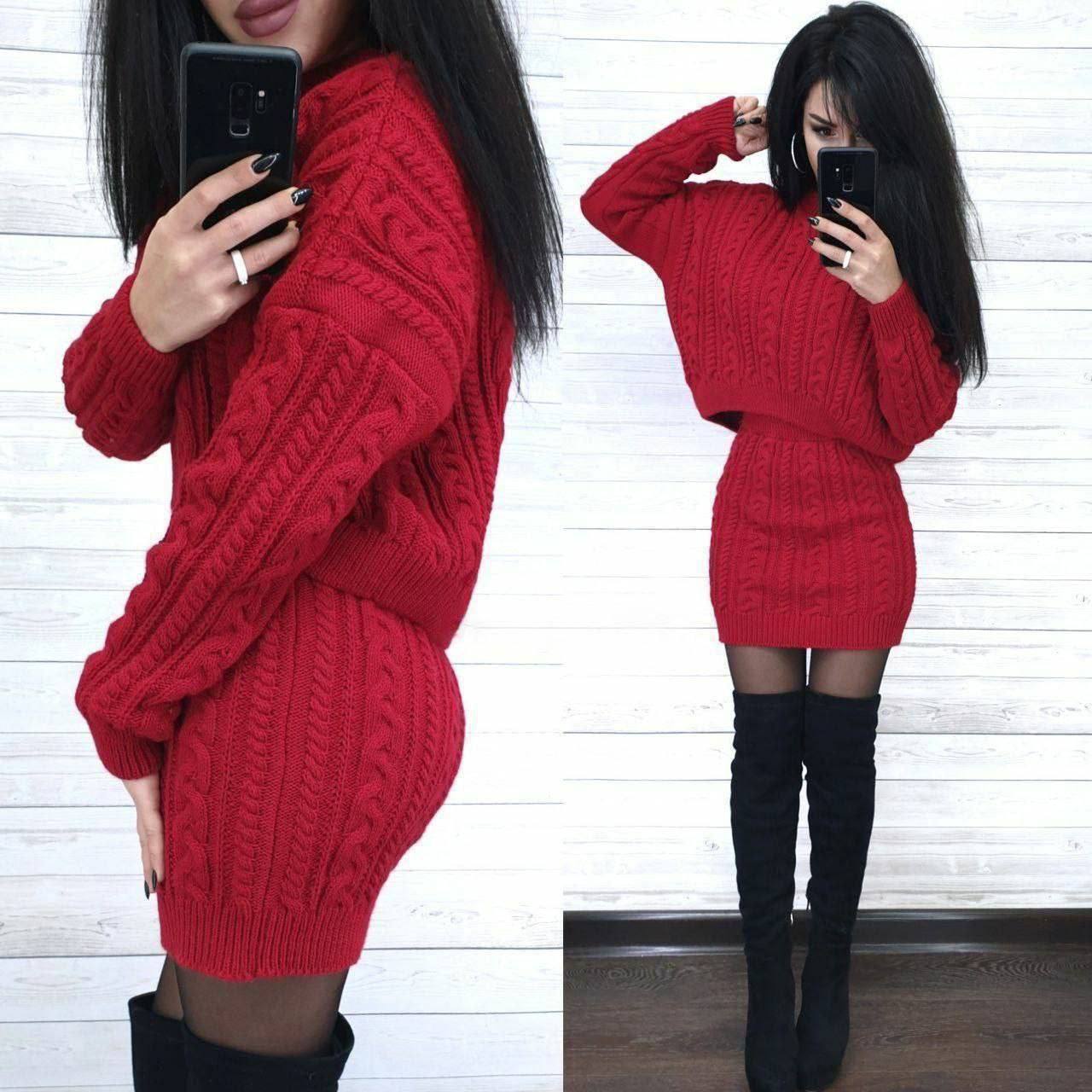 Two images of a person wearing a red knitted dress with black knee-high boots against a white wooden panel background.