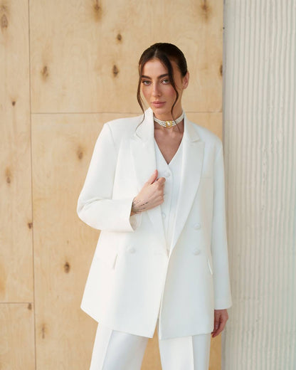 Womens White Three Piece Suit Premium Crepe Diagonal Fabric