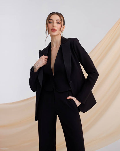 Womens Premium Diagonal Crepe Suit with Satin Collar